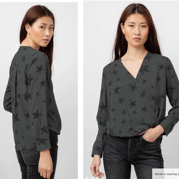 Rails Tops - Rails Hillary Charcoal Cheetah Stars Faux Wrap Blouse Top